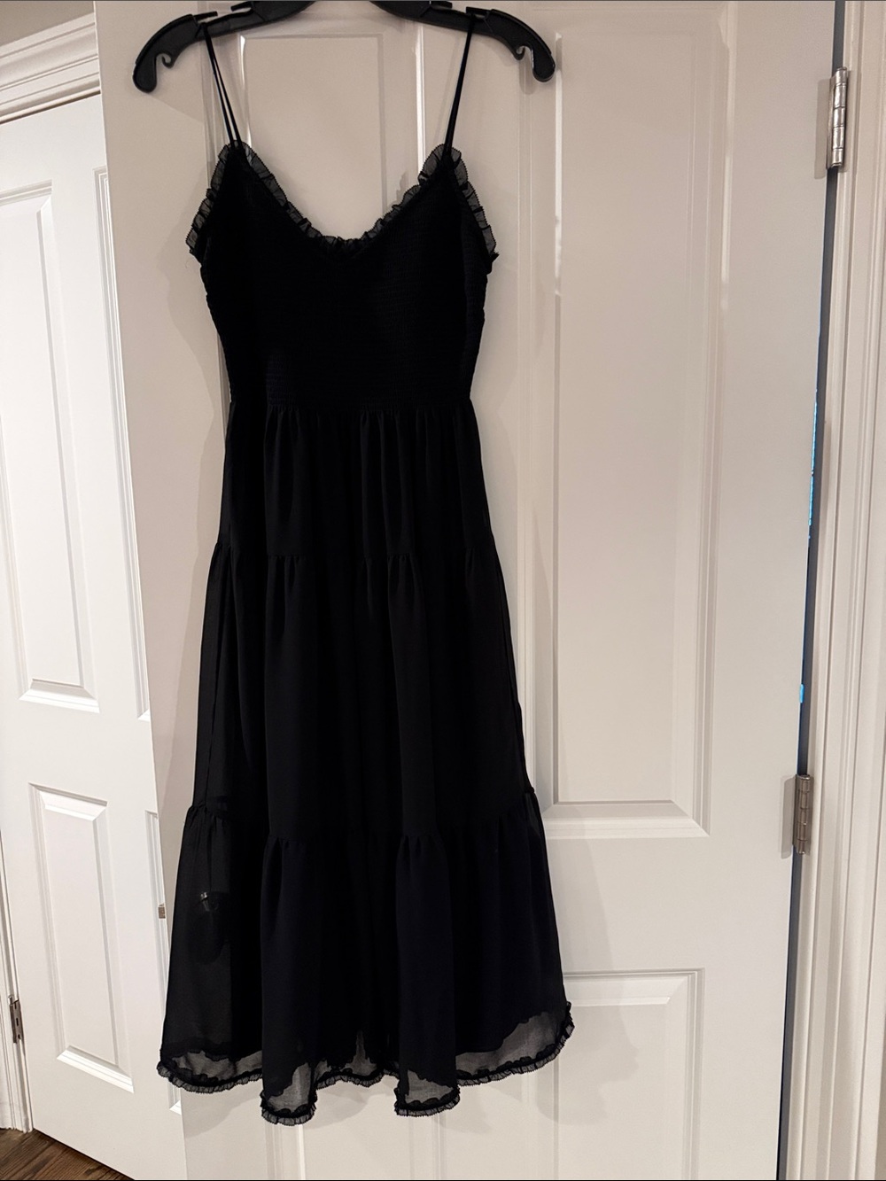 Aritzia Black Smocked Bodice Tiered Midi Dress with Spaghetti Straps